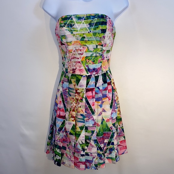 Amanda Uprichard Silk Strapless Geometric Garden Print Mini Dress Florals M - Picture 4 of 17